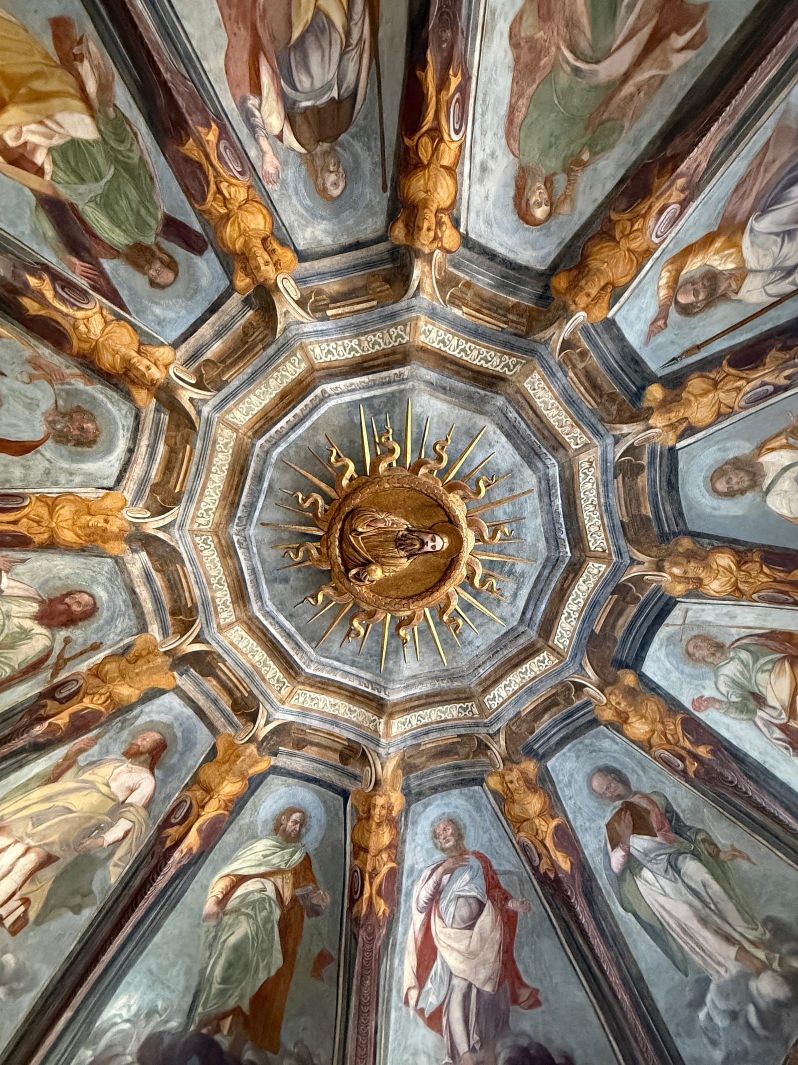 The frescoed ceiling of the Santa Maria alla Fontana sanctuary, seen from below