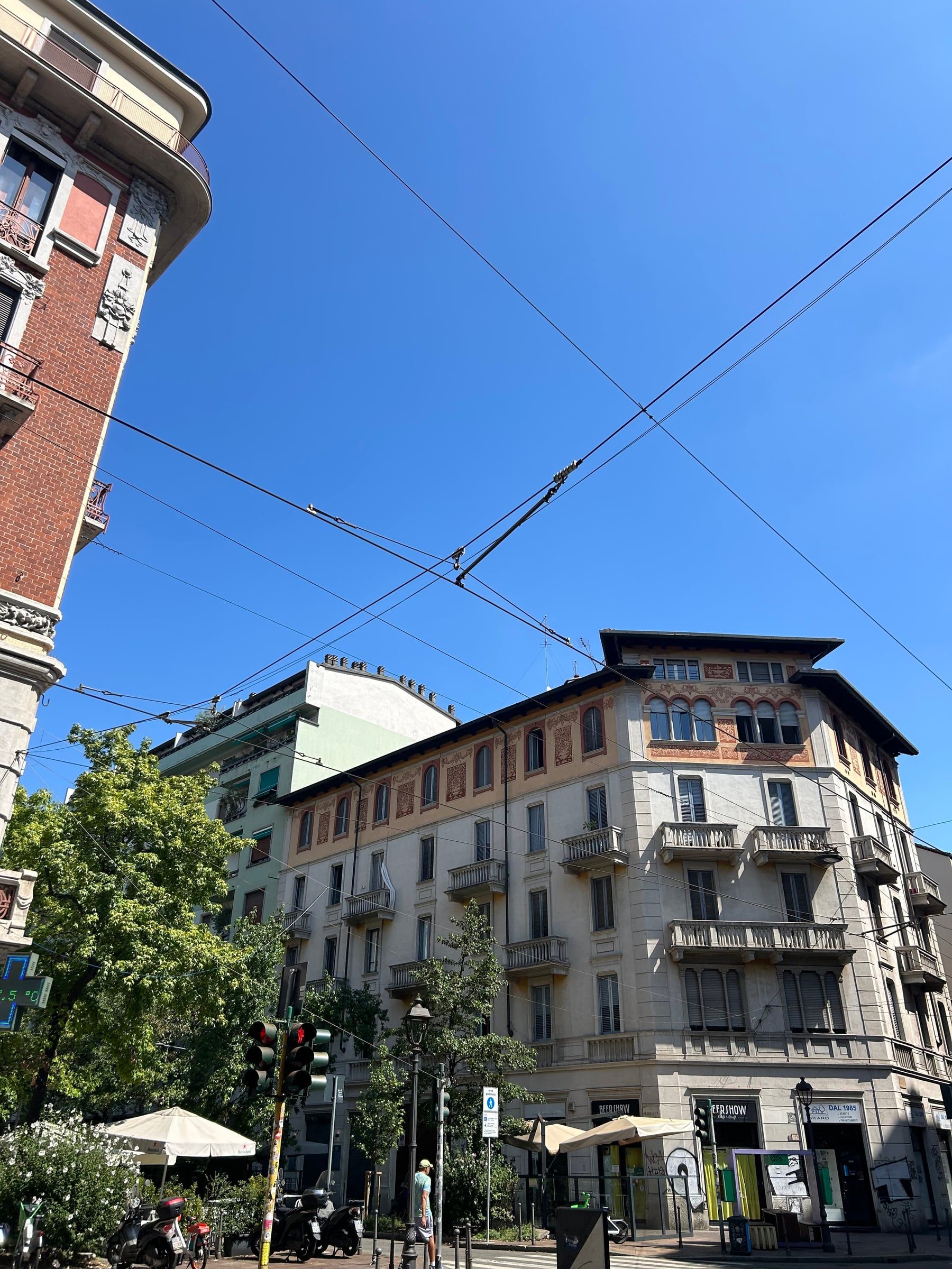The pedestrian stretch of via Borsieri, with tables out in front of the bars