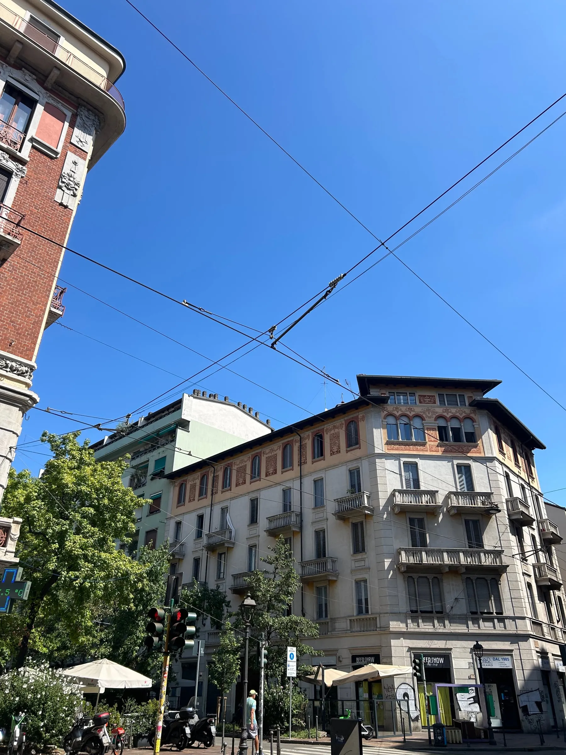 The pedestrian stretch of via Borsieri, with tables out in front of the bars